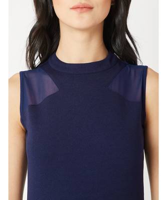 Women's Navy Blue High Round Neck Sleeveless Solid Sheer Detailing Paneled Bodycon Knee-Long Dress 5