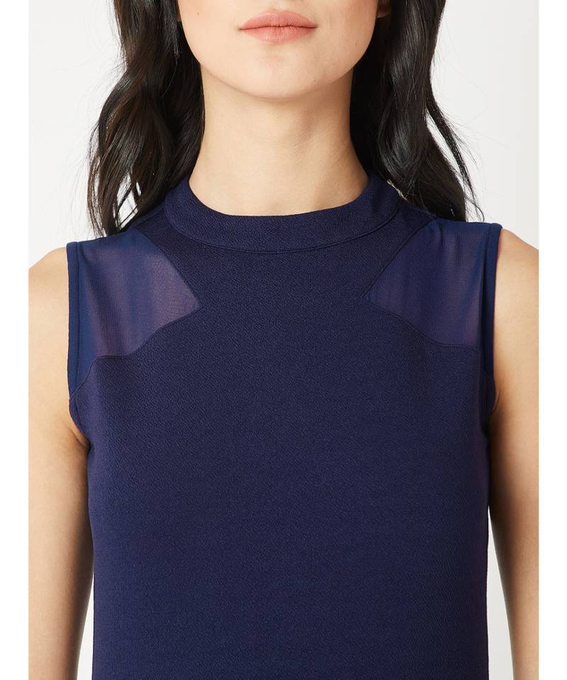 Women's Navy Blue High Round Neck Sleeveless Solid Sheer Detailing Paneled Bodycon Knee-Long Dress