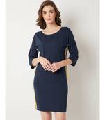 Women's Navy Blue Round Neck full_sleeve Cotton Solid Twill Tape Detailing Mini Shift Dress