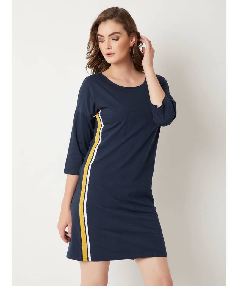 Women's Navy Blue Round Neck full_sleeve Cotton Solid Twill Tape Detailing Mini Shift Dress