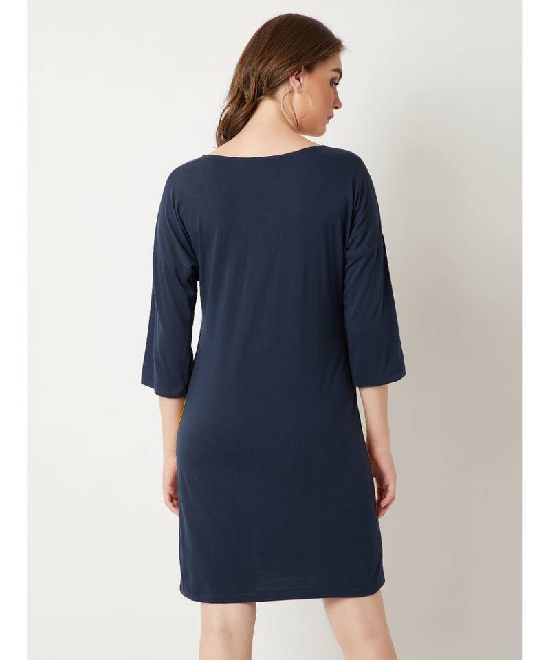 Women's Navy Blue Round Neck full_sleeve Cotton Solid Twill Tape Detailing Mini Shift Dress
