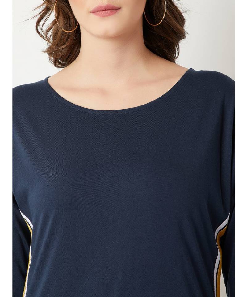 Women's Navy Blue Round Neck full_sleeve Cotton Solid Twill Tape Detailing Mini Shift Dress