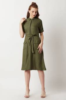 Women's Olive Green Round Neck Rolled Up Half Sleeve Solid Buttoned Paneled Midi Shirt Dress