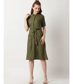 Women's Olive Green Round Neck Rolled Up Half Sleeve Solid Buttoned Paneled Midi Shirt Dress
