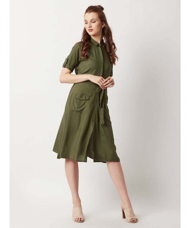 Women's Olive Green Round Neck Rolled Up Half Sleeve Solid Buttoned Paneled Midi Shirt Dress