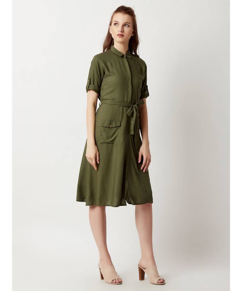 Women's Olive Green Round Neck Rolled Up Half Sleeve Solid Buttoned Paneled Midi Shirt Dress