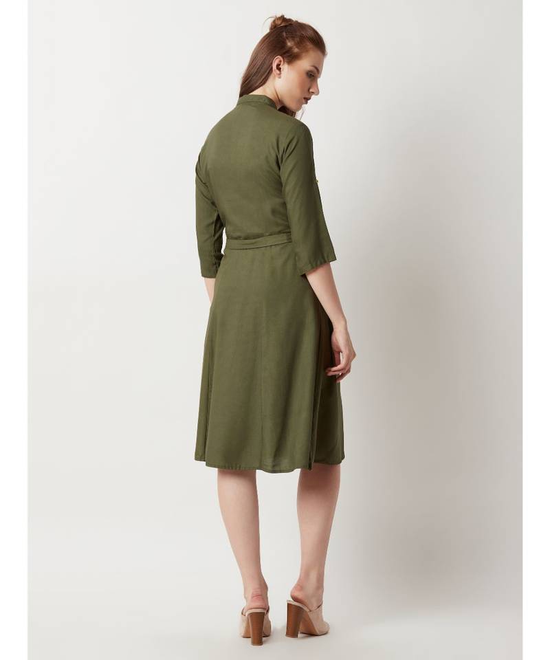 Women's Olive Green Round Neck Rolled Up Half Sleeve Solid Buttoned Paneled Midi Shirt Dress