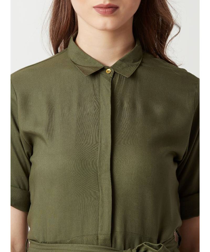 Women's Olive Green Round Neck Rolled Up Half Sleeve Solid Buttoned Paneled Midi Shirt Dress