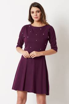 Women's Magenta Round Neck 3/4 Sleeve Cotton Solid Pearl Detailing Mini Skater Dress