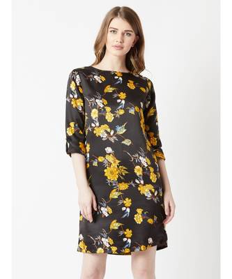 Women's Multicolored With A Black Base Round Neck 3/4 Sleeve Floral Knee-Long Shift Dress 1