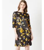 Women's Multicolored With A Black Base Round Neck 3/4 Sleeve Floral Knee-Long Shift Dress