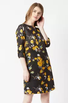 Women's Multicolored With A Black Base Round Neck 3/4 Sleeve Floral Knee-Long Shift Dress