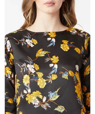 Women's Multicolored With A Black Base Round Neck 3/4 Sleeve Floral Knee-Long Shift Dress 5