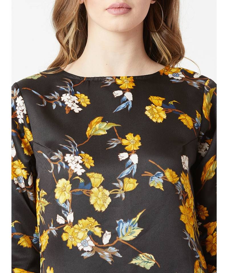 Women's Multicolored With A Black Base Round Neck 3/4 Sleeve Floral Knee-Long Shift Dress