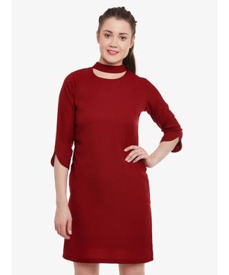 Women's Maroon Round Neck 3/4 Sleeve Solid Mini Choker Dress 1