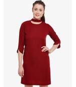 Women's Maroon Round Neck 3/4 Sleeve Solid Mini Choker Dress