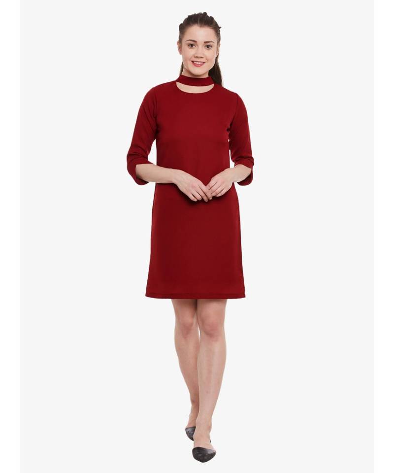 Women's Maroon Round Neck 3/4 Sleeve Solid Mini Choker Dress