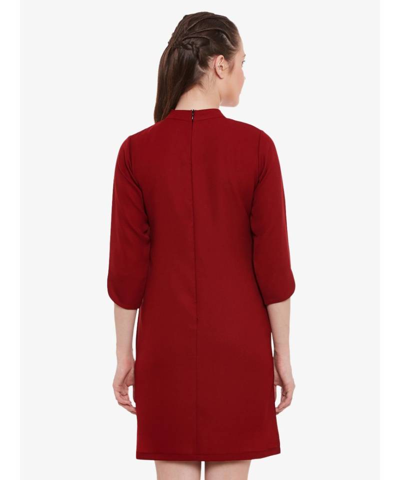 Women's Maroon Round Neck 3/4 Sleeve Solid Mini Choker Dress