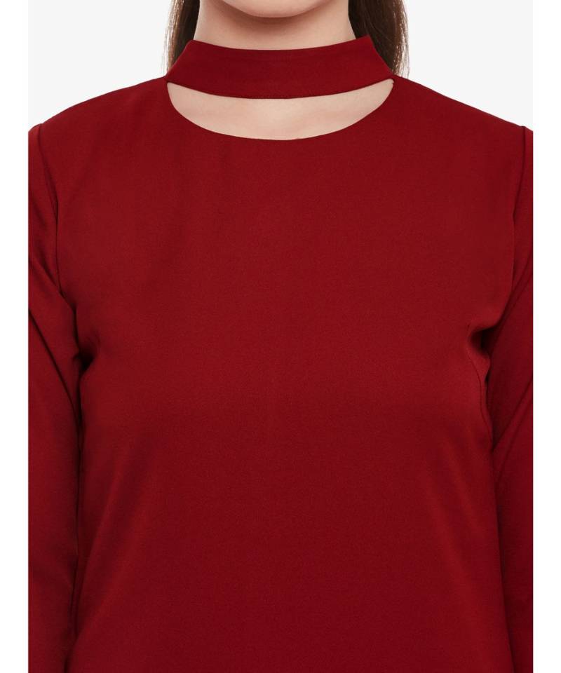 Women's Maroon Round Neck 3/4 Sleeve Solid Mini Choker Dress