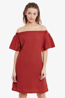 Women's Brick Red Mini Bardot Solid Dress