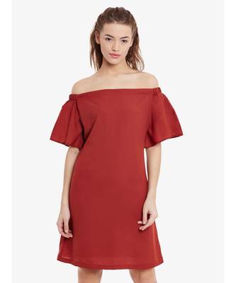 Women's Brick Red Mini Bardot Solid Dress 1