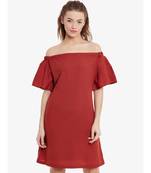 Women's Brick Red Mini Bardot Solid Dress