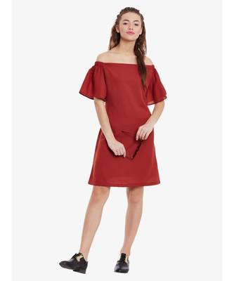 Women's Brick Red Mini Bardot Solid Dress 2