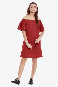 Women's Brick Red Mini Bardot Solid Dress
