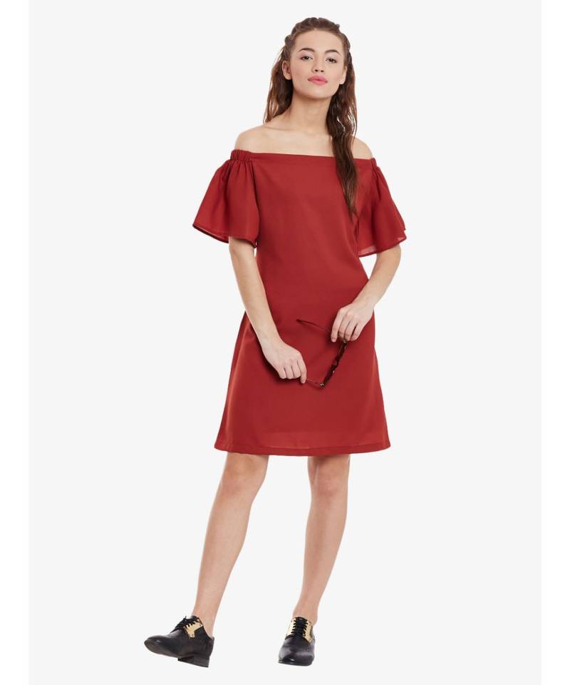 Women's Brick Red Mini Bardot Solid Dress