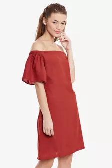 Women's Brick Red Mini Bardot Solid Dress