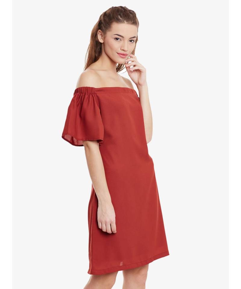 Women's Brick Red Mini Bardot Solid Dress