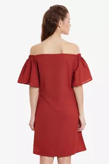 Women's Brick Red Mini Bardot Solid Dress
