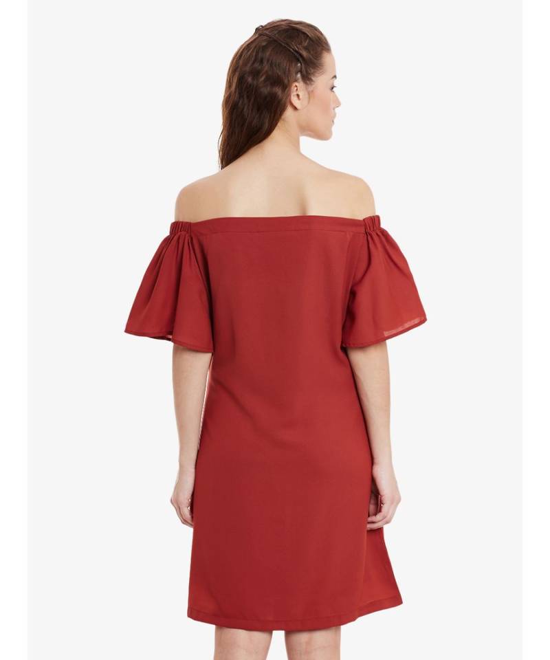 Women's Brick Red Mini Bardot Solid Dress