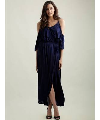 Women's Navy Blue Round Neck Half Sleeve Solid Gathered Layered Cold Shoulder Wrap Maxi Dress 1