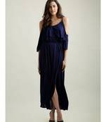 Women's Navy Blue Round Neck Half Sleeve Solid Gathered Layered Cold Shoulder Wrap Maxi Dress