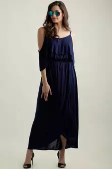 Women's Navy Blue Round Neck Half Sleeve Solid Gathered Layered Cold Shoulder Wrap Maxi Dress