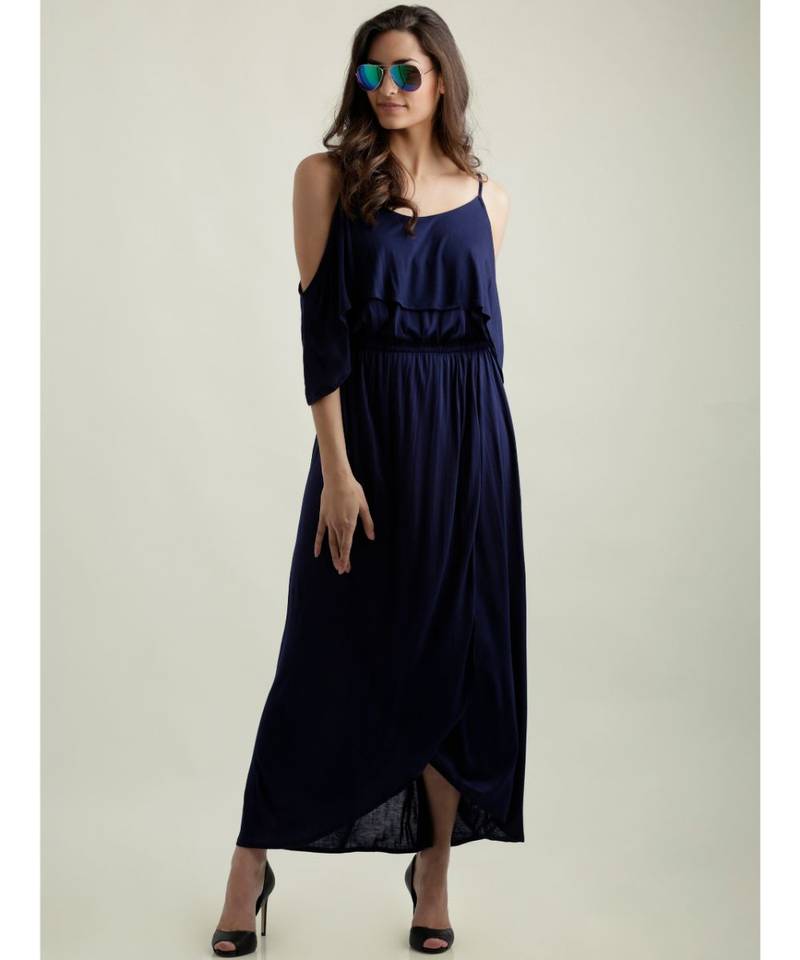 Women's Navy Blue Round Neck Half Sleeve Solid Gathered Layered Cold Shoulder Wrap Maxi Dress