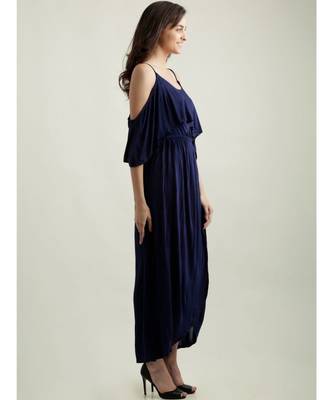 Women's Navy Blue Round Neck Half Sleeve Solid Gathered Layered Cold Shoulder Wrap Maxi Dress 3
