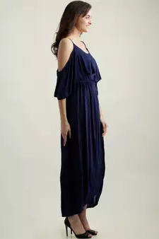 Women's Navy Blue Round Neck Half Sleeve Solid Gathered Layered Cold Shoulder Wrap Maxi Dress