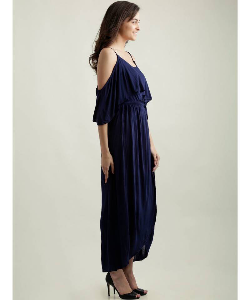 Women's Navy Blue Round Neck Half Sleeve Solid Gathered Layered Cold Shoulder Wrap Maxi Dress