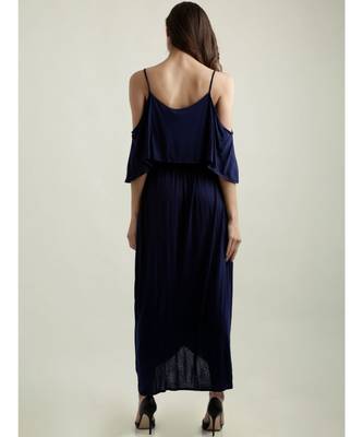 Women's Navy Blue Round Neck Half Sleeve Solid Gathered Layered Cold Shoulder Wrap Maxi Dress 4