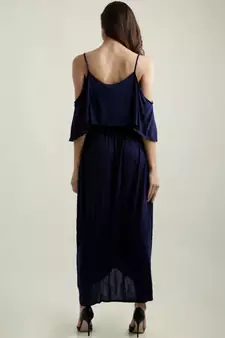 Women's Navy Blue Round Neck Half Sleeve Solid Gathered Layered Cold Shoulder Wrap Maxi Dress