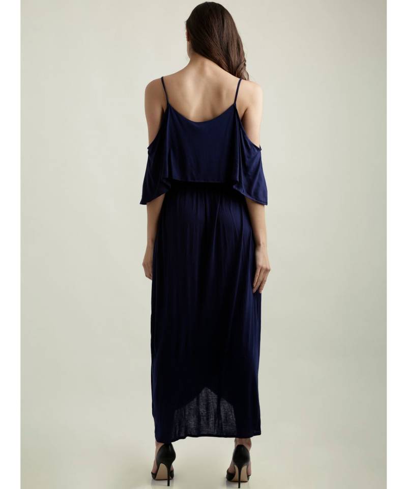 Women's Navy Blue Round Neck Half Sleeve Solid Gathered Layered Cold Shoulder Wrap Maxi Dress