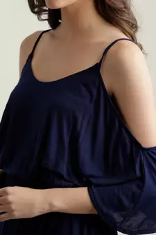 Women's Navy Blue Round Neck Half Sleeve Solid Gathered Layered Cold Shoulder Wrap Maxi Dress