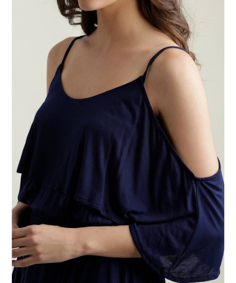 Women's Navy Blue Round Neck Half Sleeve Solid Gathered Layered Cold Shoulder Wrap Maxi Dress