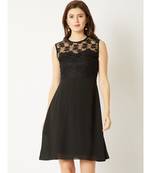Women's Black Round Neck Sleeveless Solid Mini Lace Skater Dress