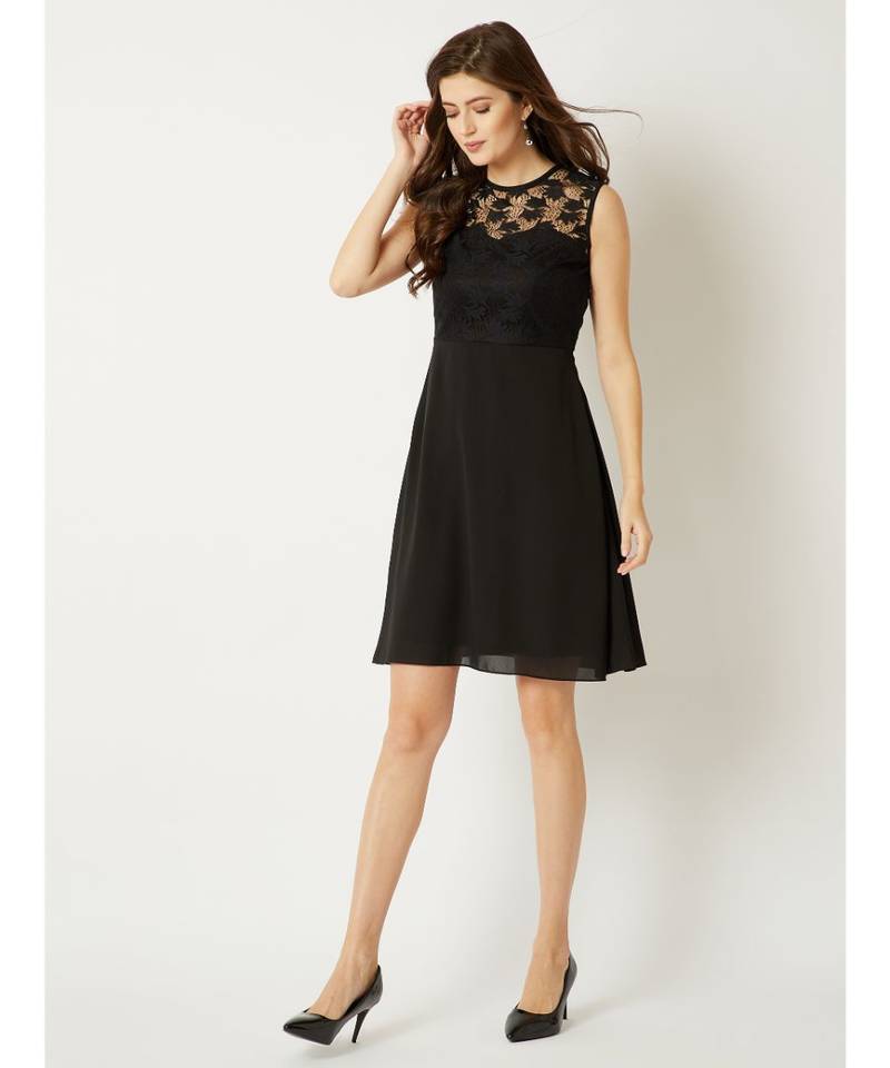 Women's Black Round Neck Sleeveless Solid Mini Lace Skater Dress