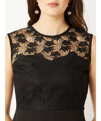 Women's Black Round Neck Sleeveless Solid Mini Lace Skater Dress 5