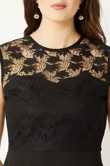 Women's Black Round Neck Sleeveless Solid Mini Lace Skater Dress