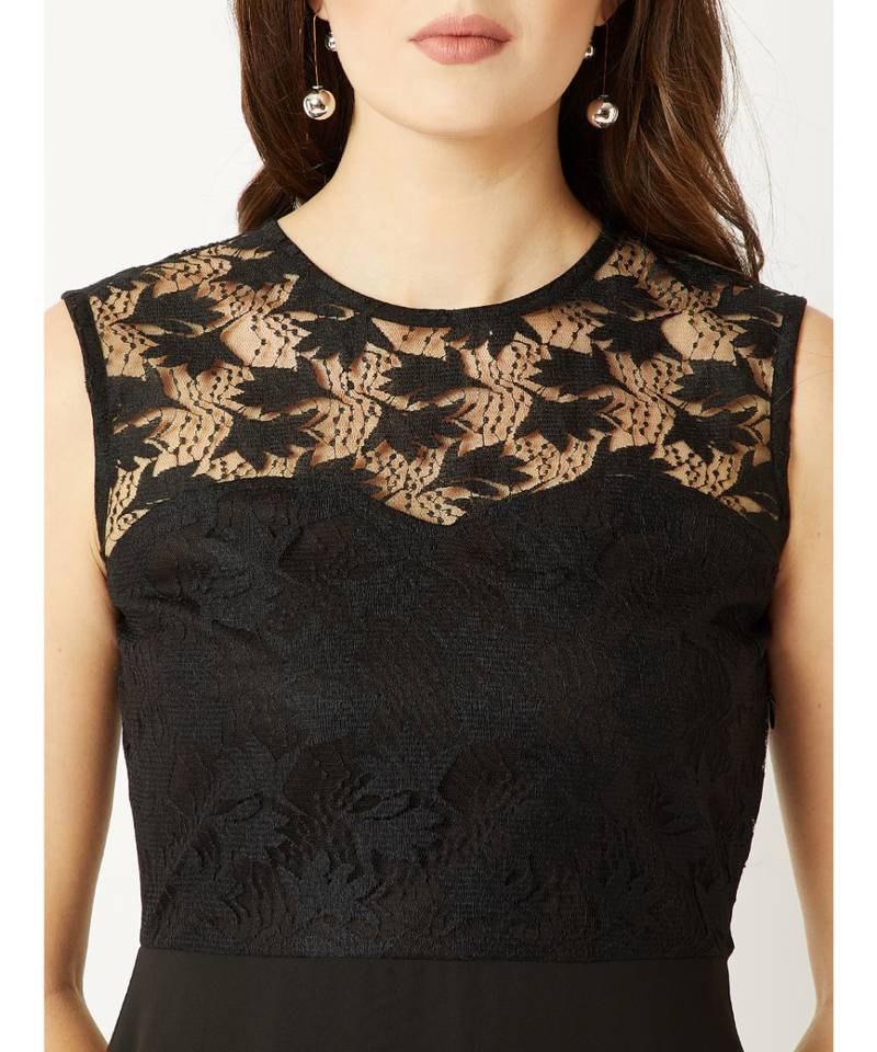Women's Black Round Neck Sleeveless Solid Mini Lace Skater Dress